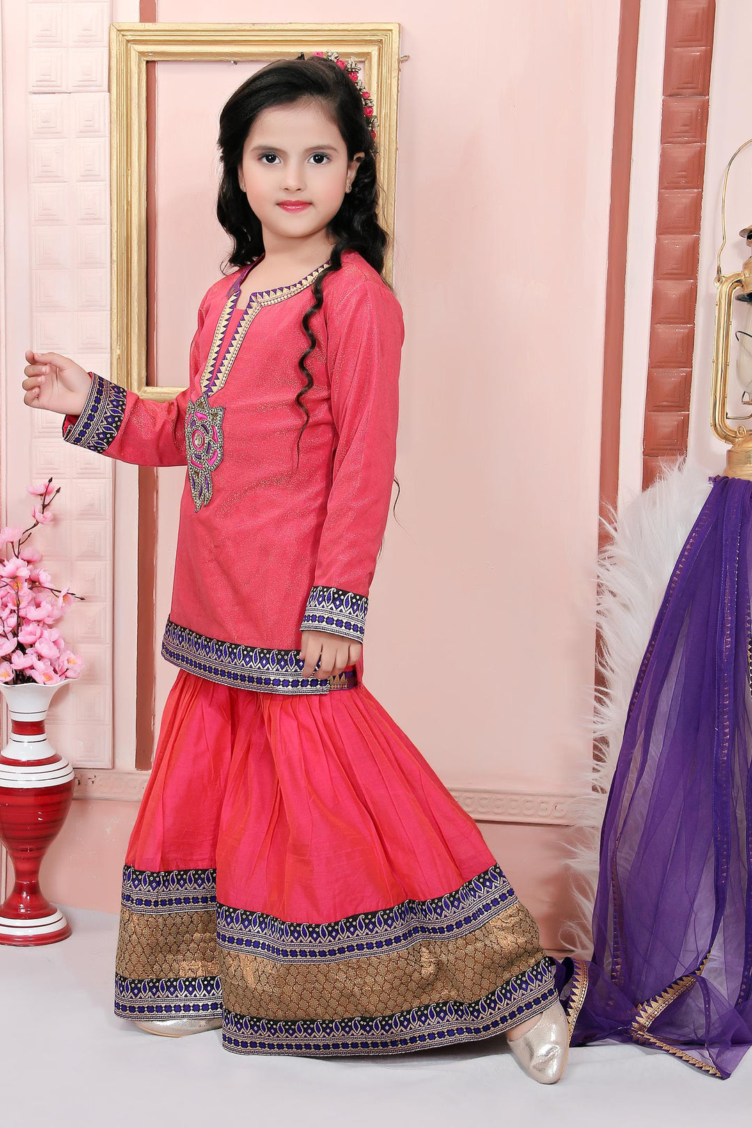 Pink Shimmer Net Straight Kids Salwar Suit