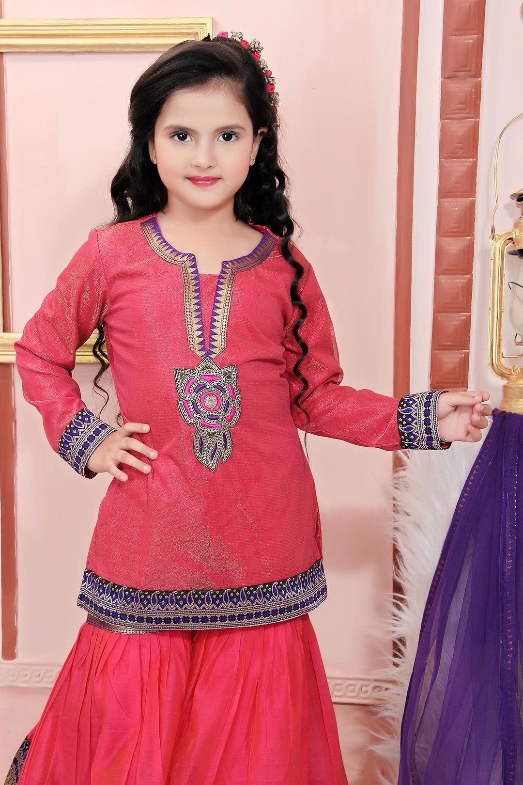 Pink Shimmer Net Straight Kids Salwar Suit