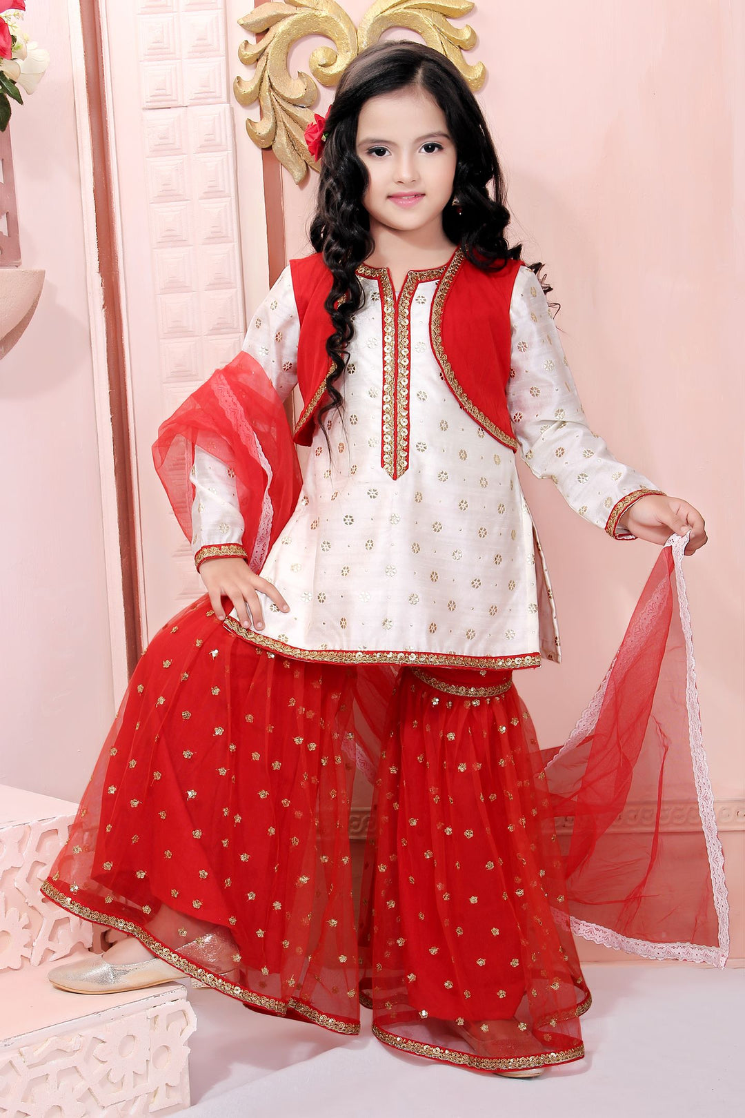 Off White Chanderi Silk Straight Kids Salwar Suit