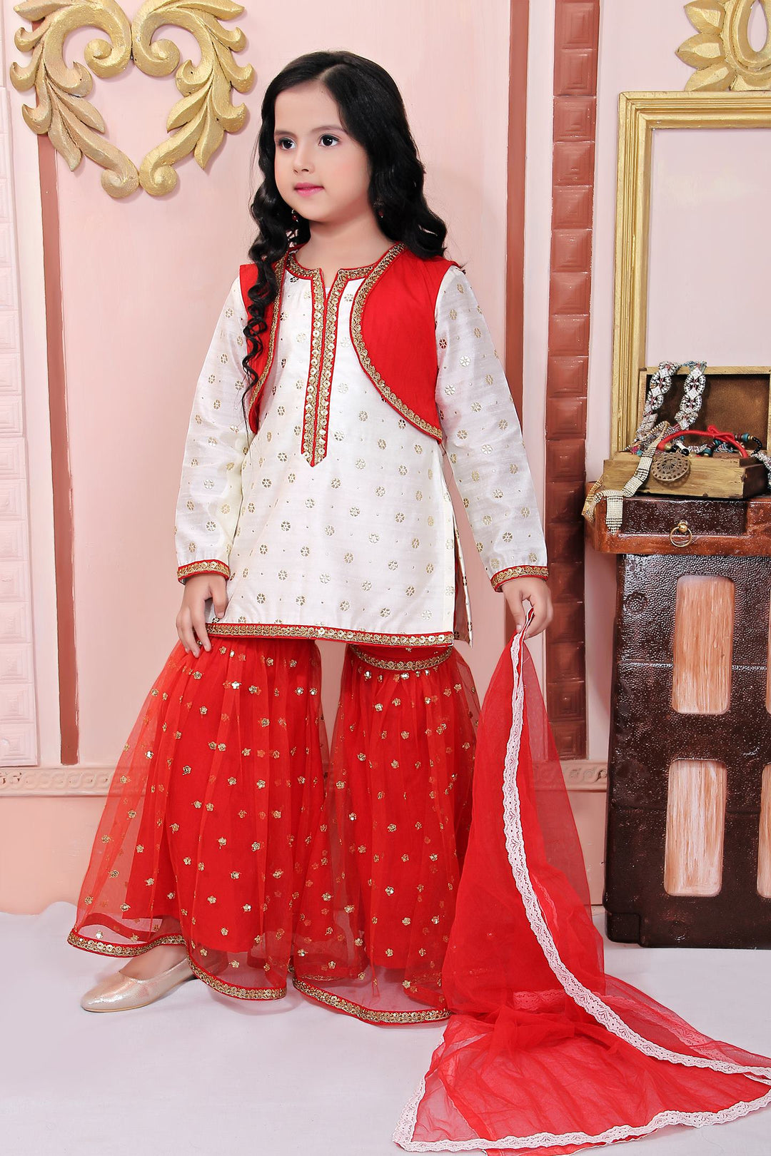 Off White Chanderi Silk Straight Kids Salwar Suit