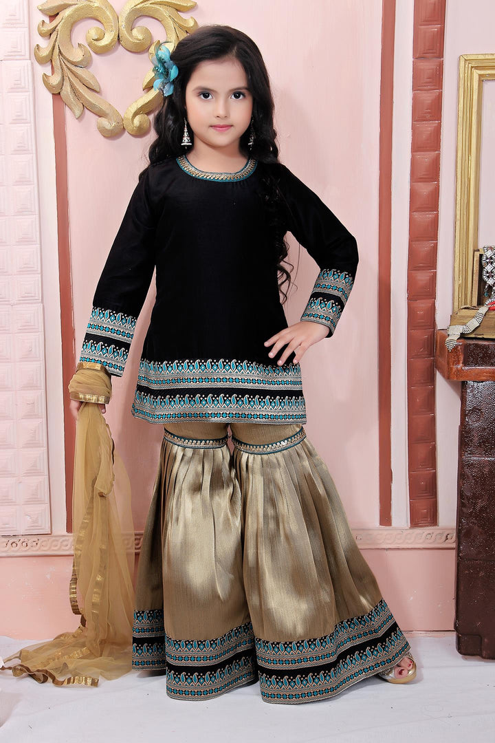 Black Muslin Silk Straight Kids Salwar Suit
