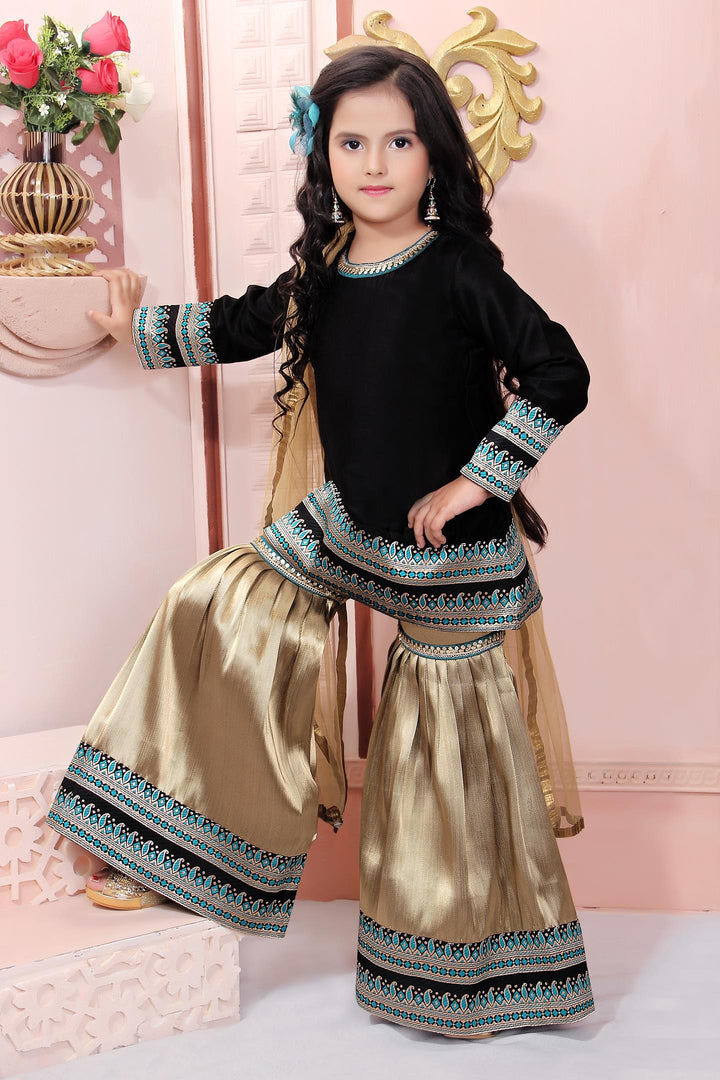 Black Muslin Silk Straight Kids Salwar Suit