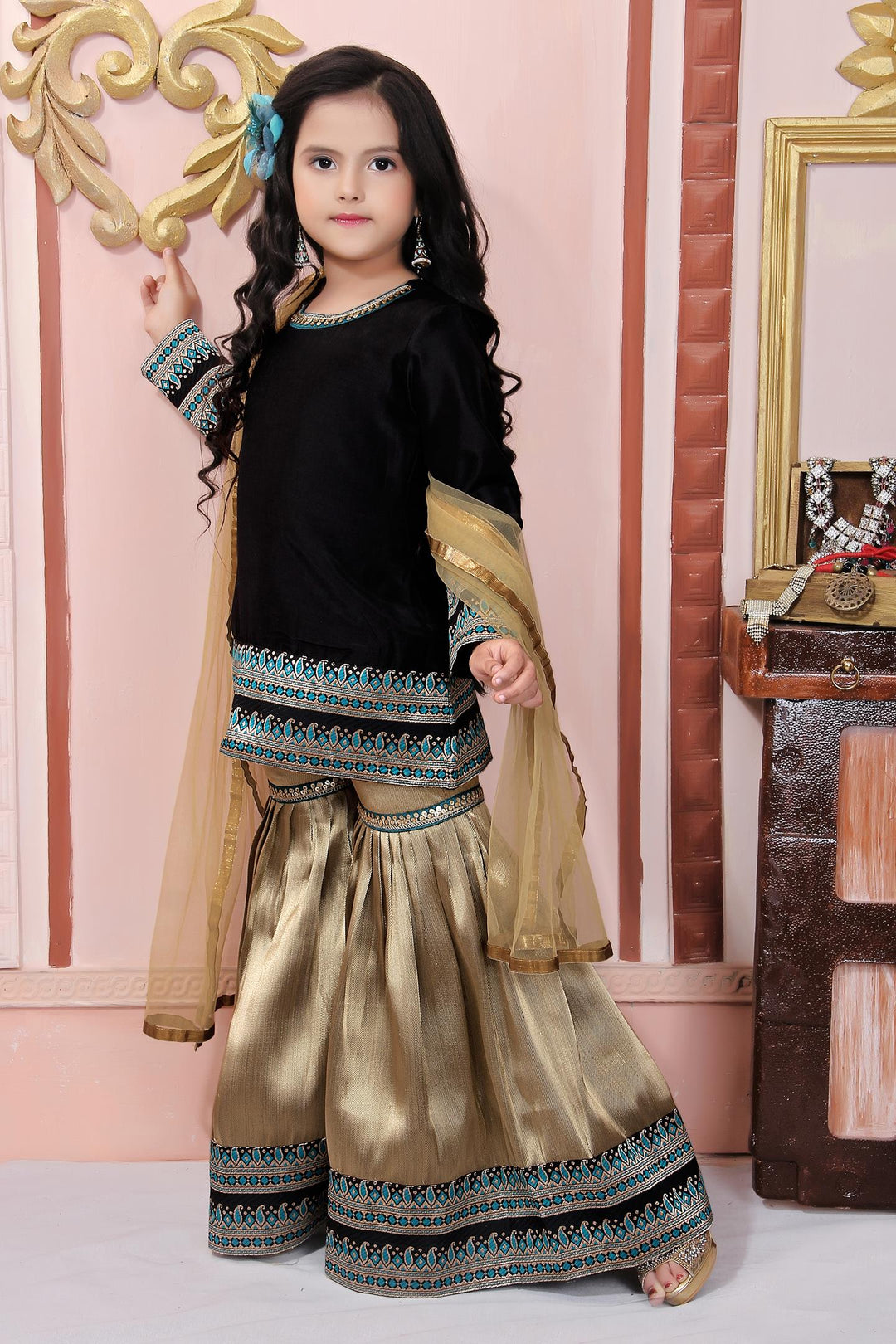 Black Muslin Silk Straight Kids Salwar Suit