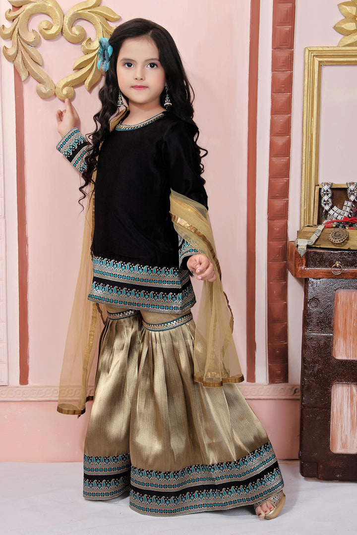 Black Muslin Silk Straight Kids Salwar Suit