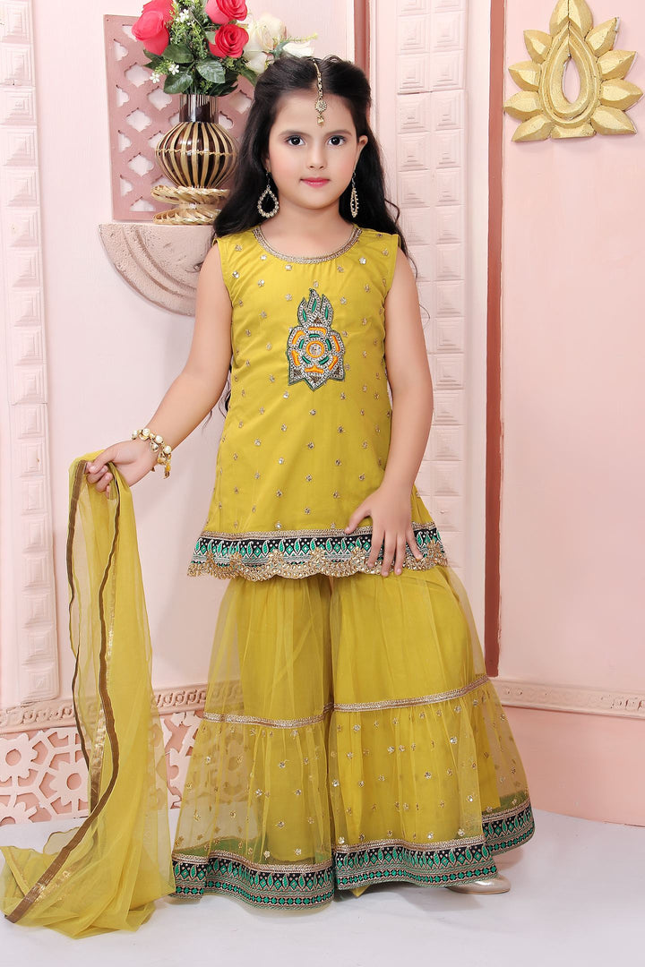 Yellow Embroidered Net Straight Kids Salwar Suit
