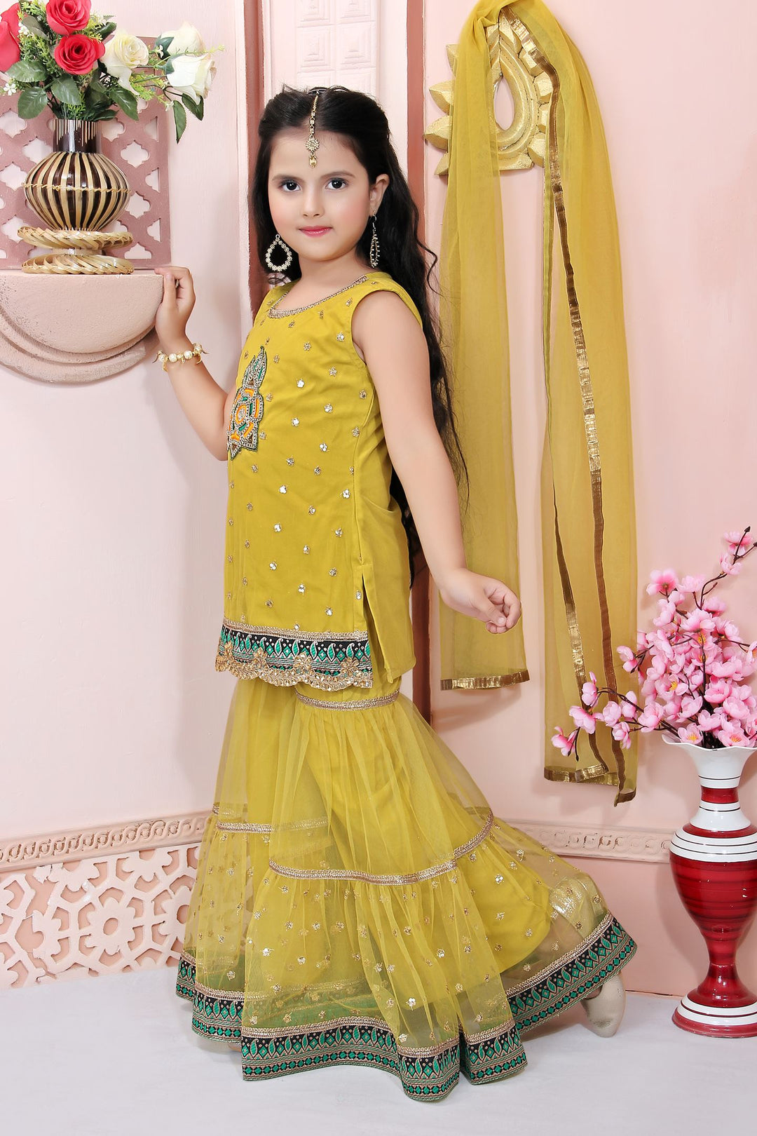 Yellow Embroidered Net Straight Kids Salwar Suit