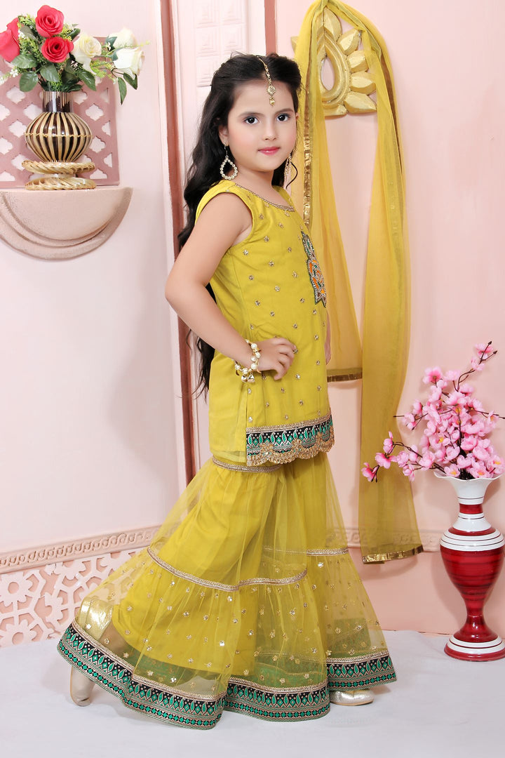 Yellow Embroidered Net Straight Kids Salwar Suit