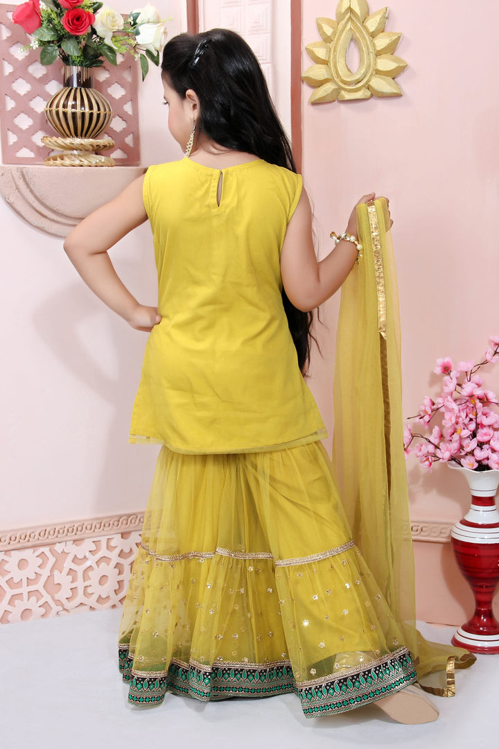 Yellow Embroidered Net Straight Kids Salwar Suit