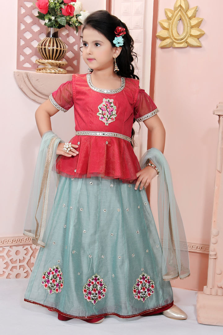 Pink Embroidery Cotton A Line Lehenga Choli Dupatta