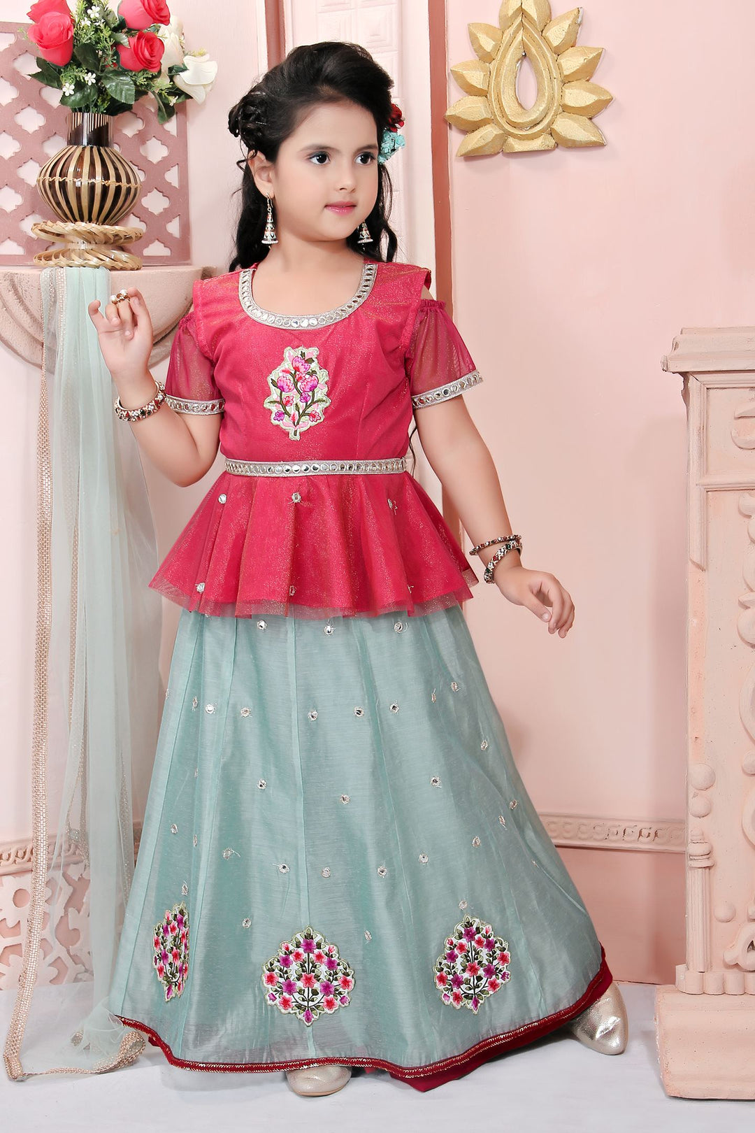 Pink Embroidery Cotton A Line Lehenga Choli Dupatta