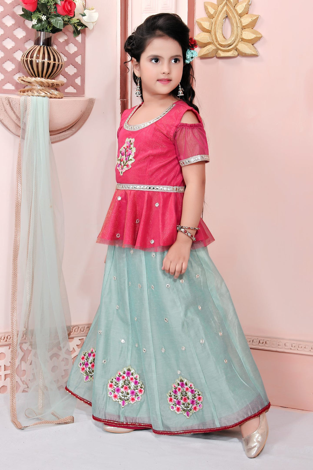 Pink Embroidery Cotton A Line Lehenga Choli Dupatta