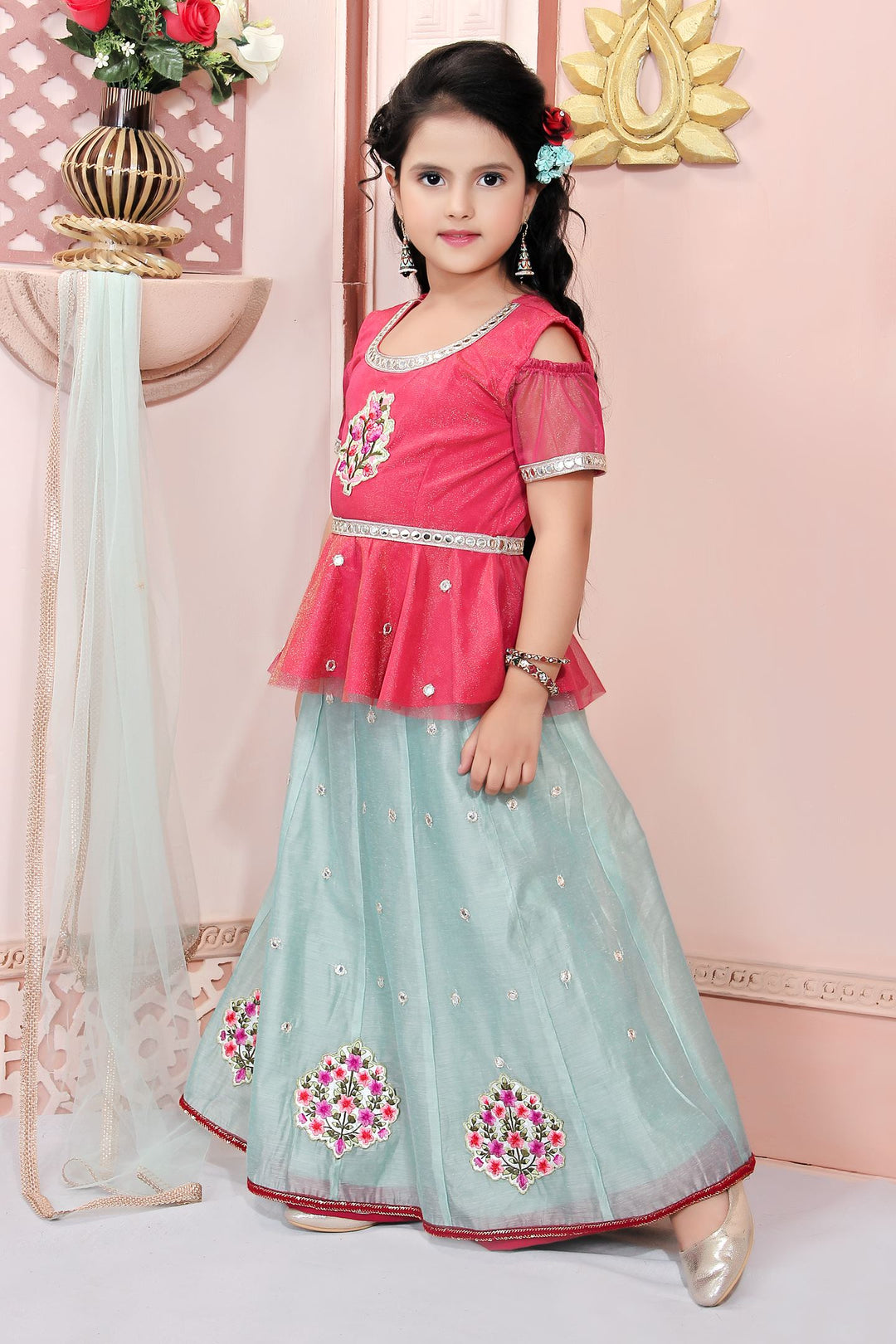 Pink Embroidery Cotton A Line Lehenga Choli Dupatta