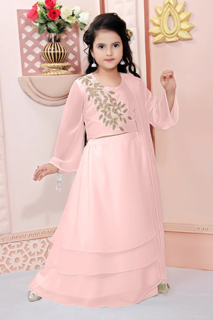 Peach Embroidery Cotton A Line Lehenga Choli Dupatta