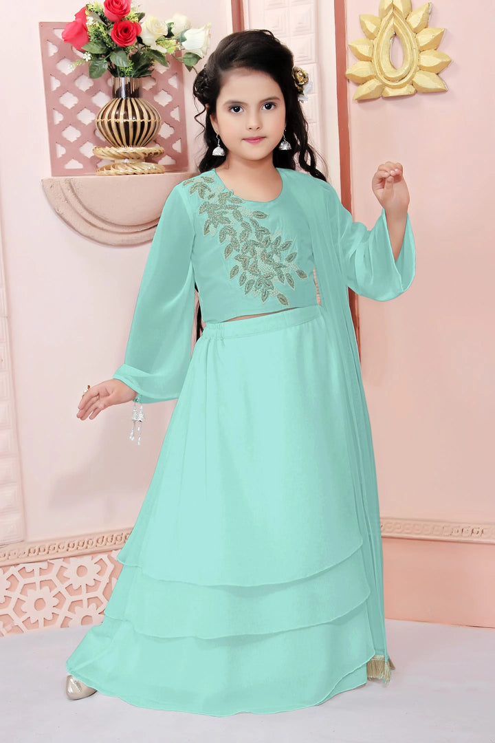 Sea Green Embroidery Cotton A Line Lehenga Choli Dupatta