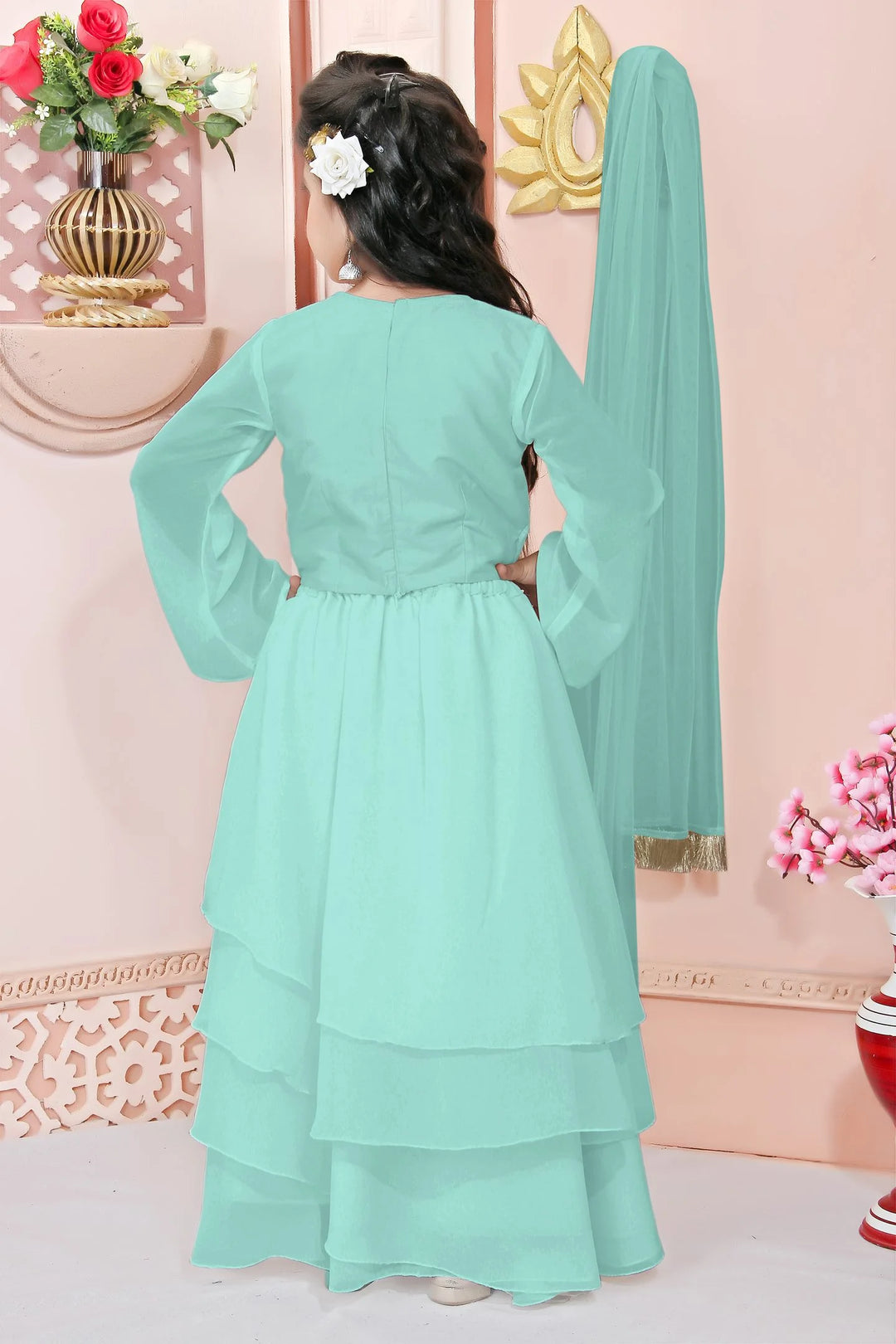 Sea Green Embroidery Cotton A Line Lehenga Choli Dupatta