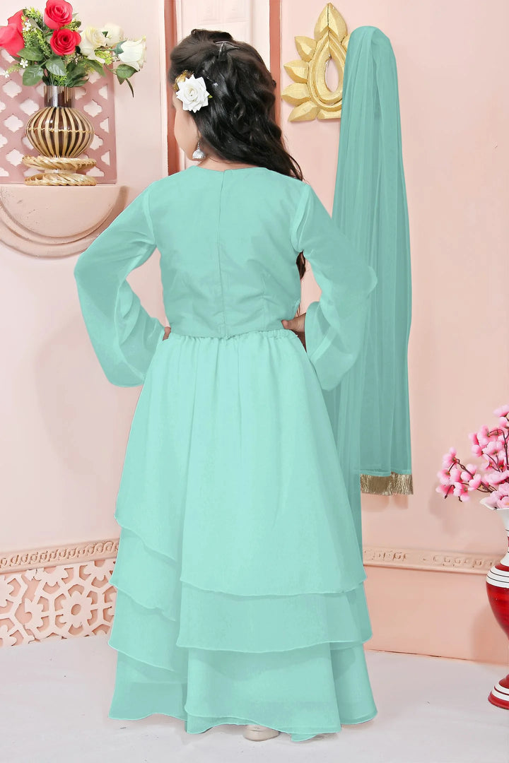 Sea Green Embroidery Cotton A Line Lehenga Choli Dupatta
