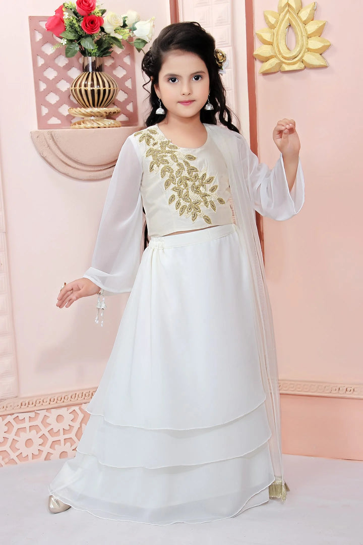 White Embroidery Cotton A Line Lehenga Choli Dupatta