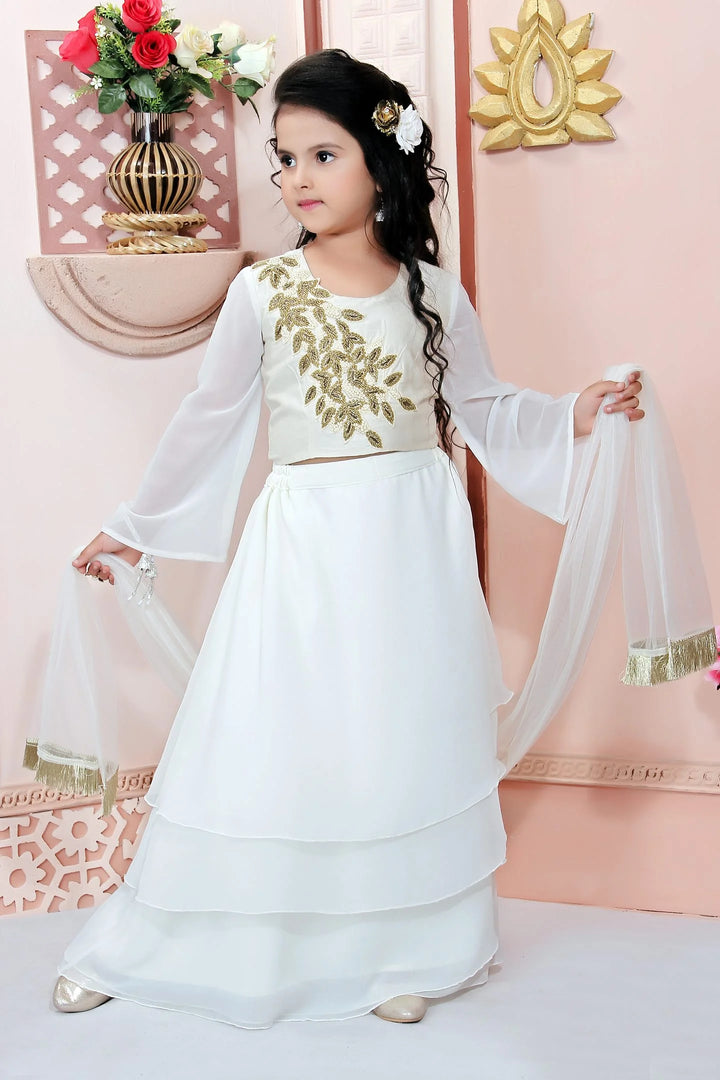 White Embroidery Cotton A Line Lehenga Choli Dupatta