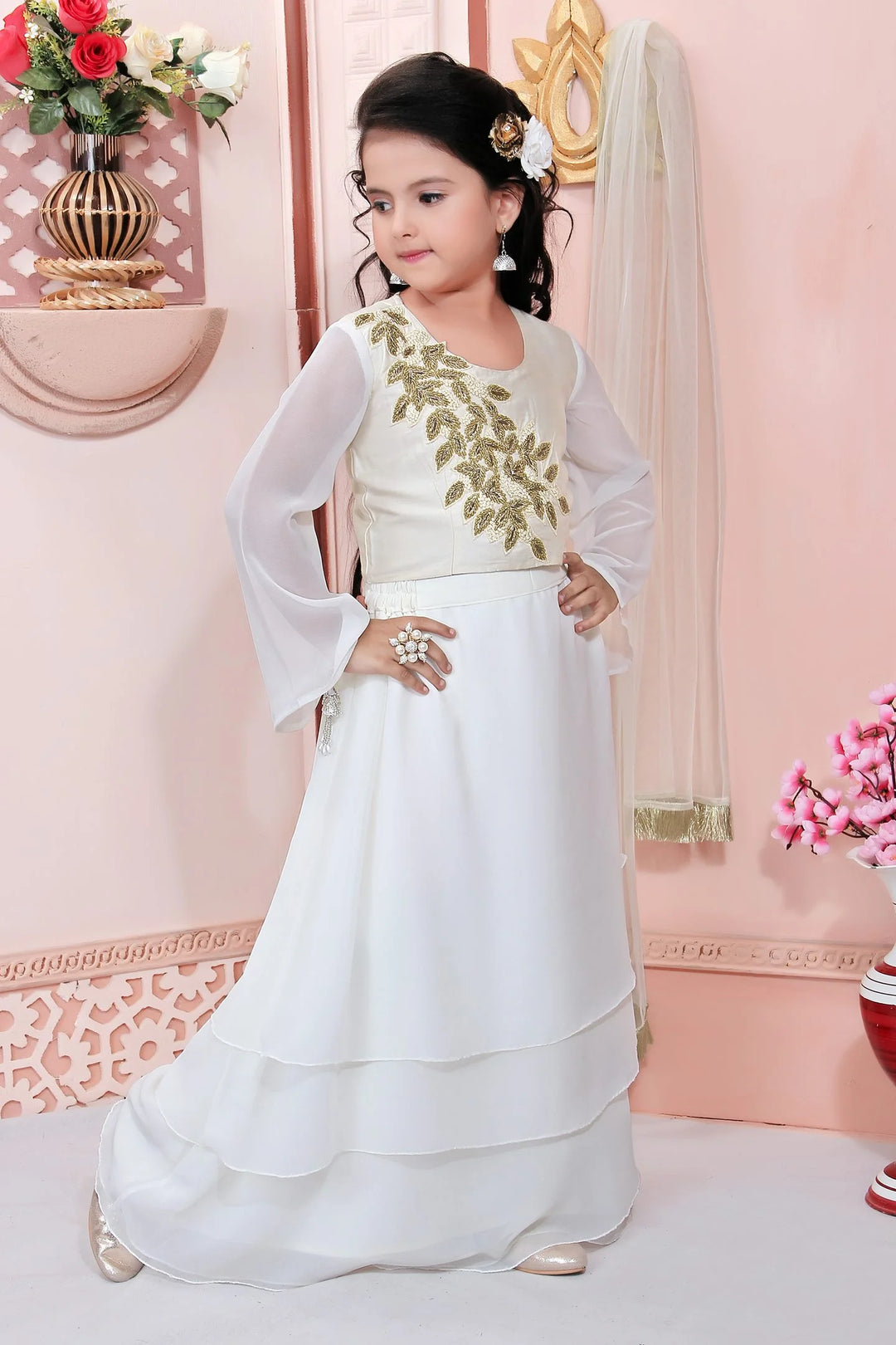 White Embroidery Cotton A Line Lehenga Choli Dupatta