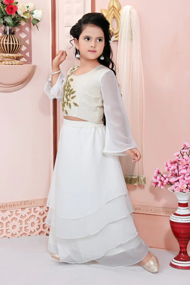 White Embroidery Cotton A Line Lehenga Choli Dupatta