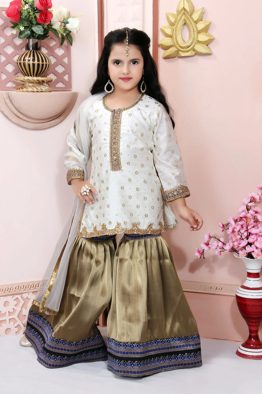White Embroidered Chanderi Silk Straight Kids Salwar Suit
