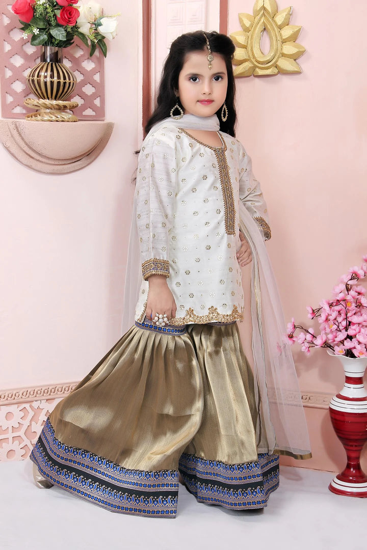White Embroidered Chanderi Silk Straight Kids Salwar Suit