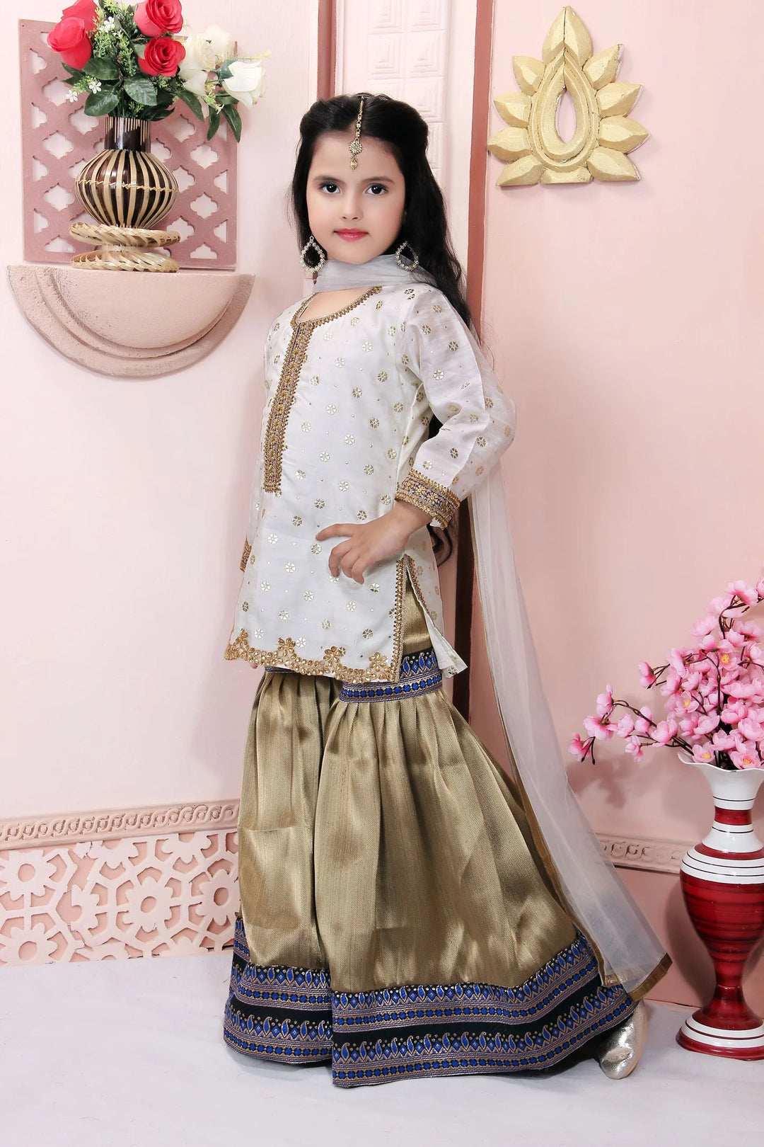 White Embroidered Chanderi Silk Straight Kids Salwar Suit