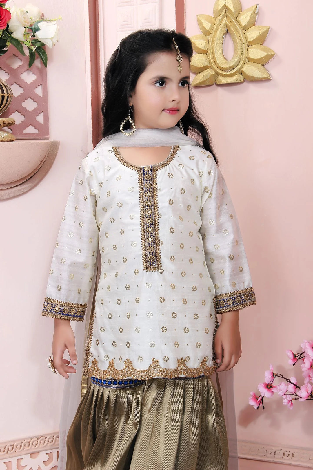 White Embroidered Chanderi Silk Straight Kids Salwar Suit
