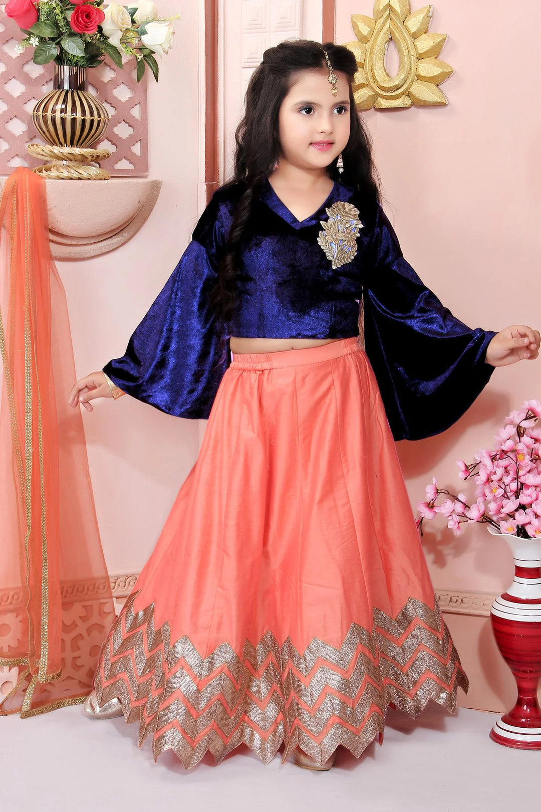 Blue Embroidered Cotton A Line Lehenga Choli Dupatta