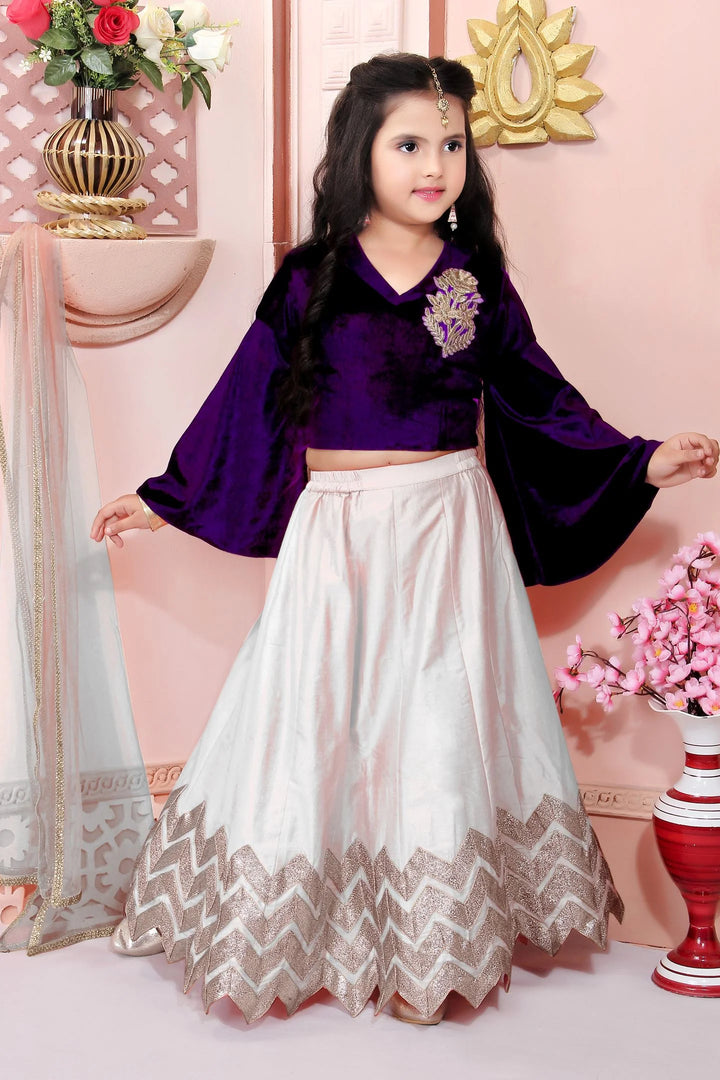 Purple Embroidered Cotton A Line Lehenga Choli Dupatta