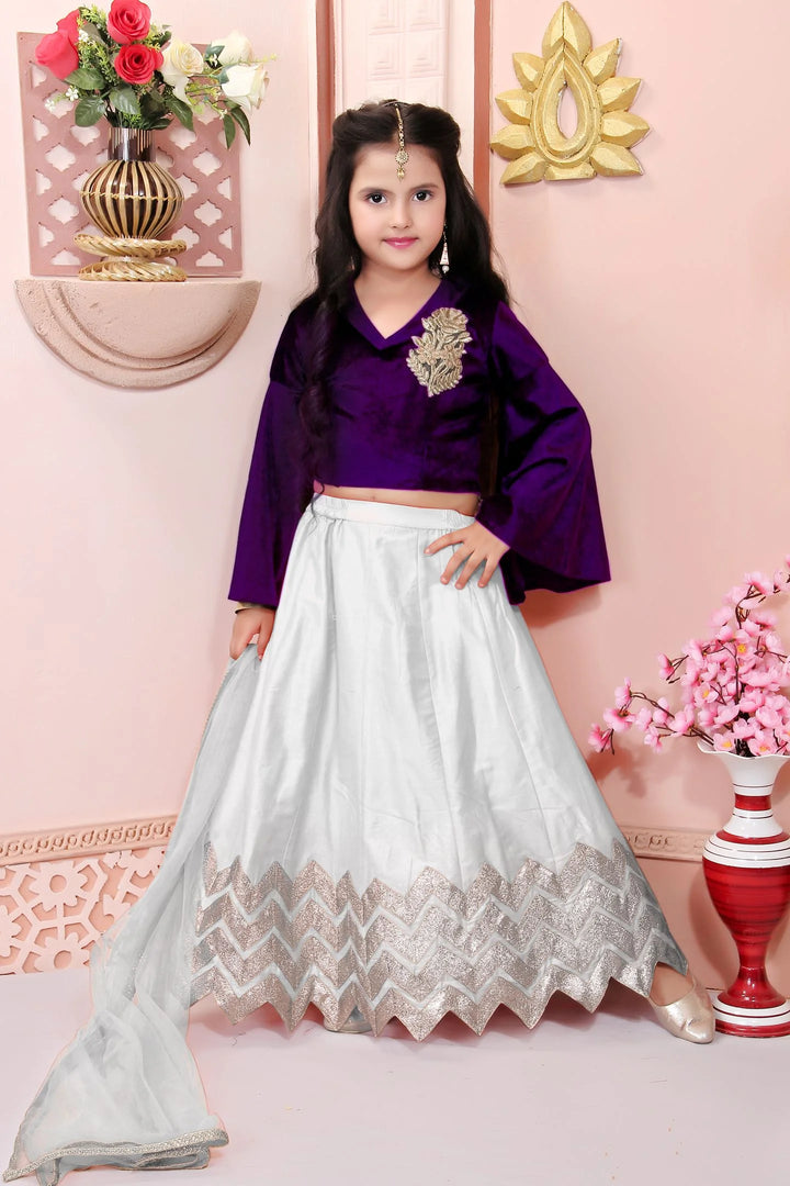 Purple Embroidered Cotton A Line Lehenga Choli Dupatta
