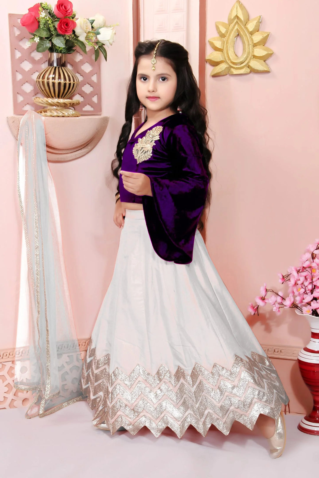 Purple Embroidered Cotton A Line Lehenga Choli Dupatta