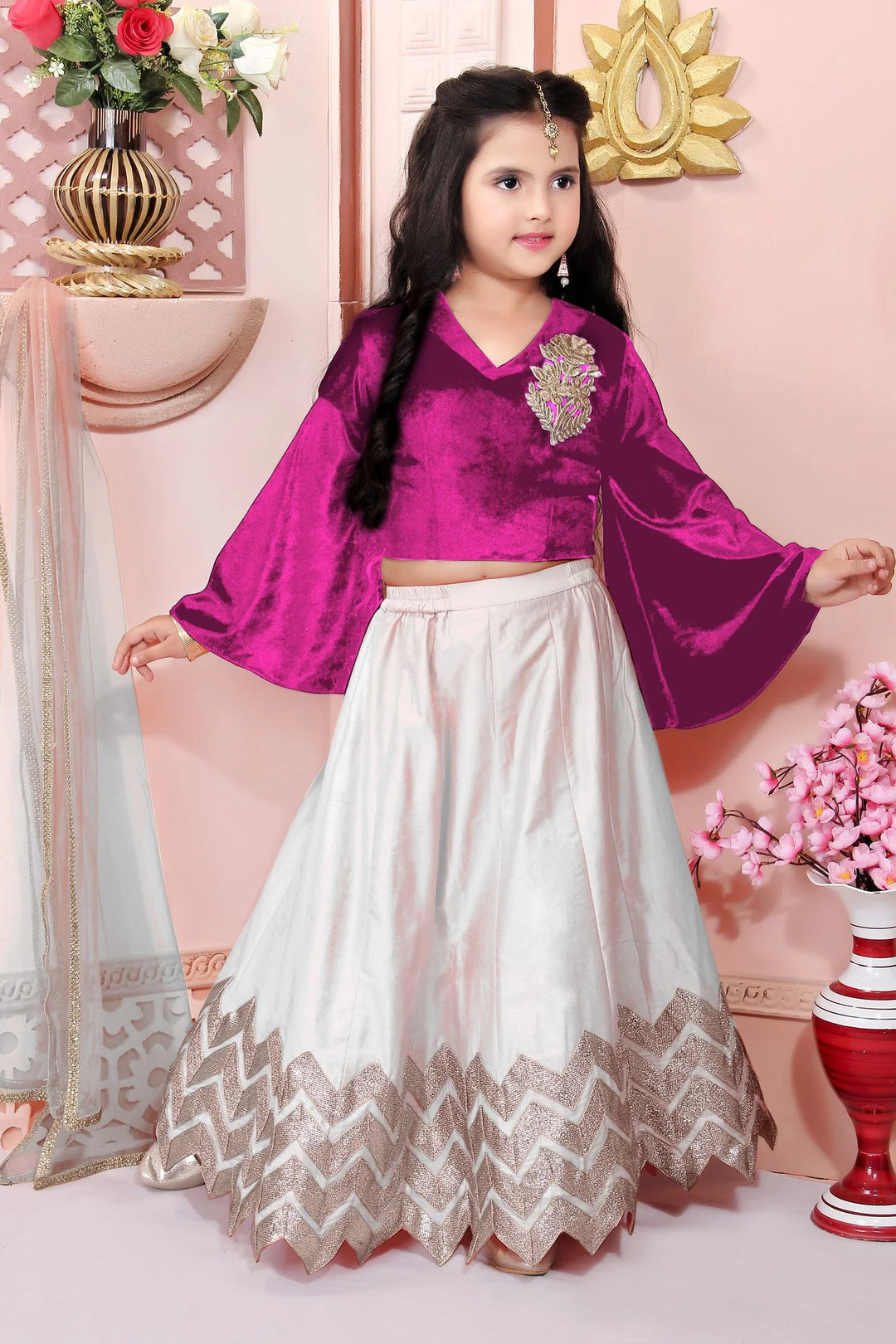 Pink Embroidered Cotton A Line Lehenga Choli Dupatta
