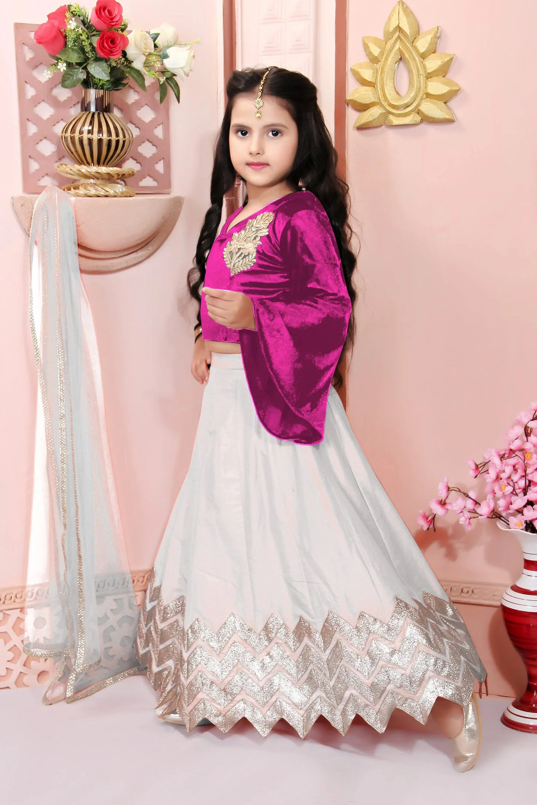 Pink Embroidered Cotton A Line Lehenga Choli Dupatta