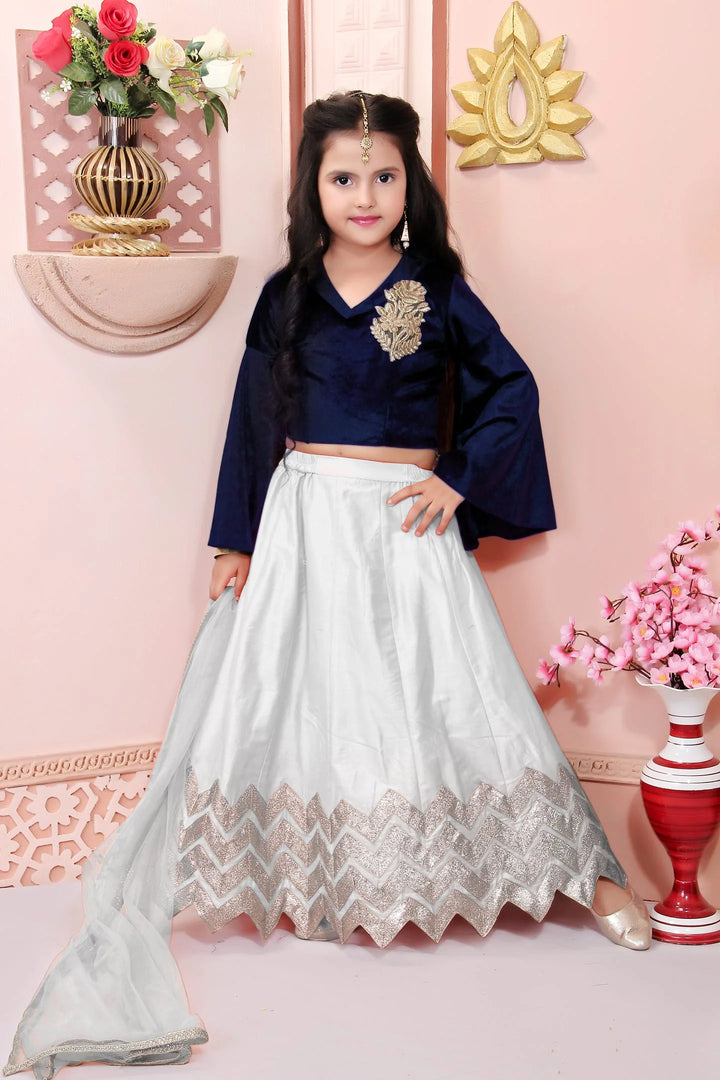 Navy Blue Embroidered Cotton A Line Lehenga Choli Dupatta