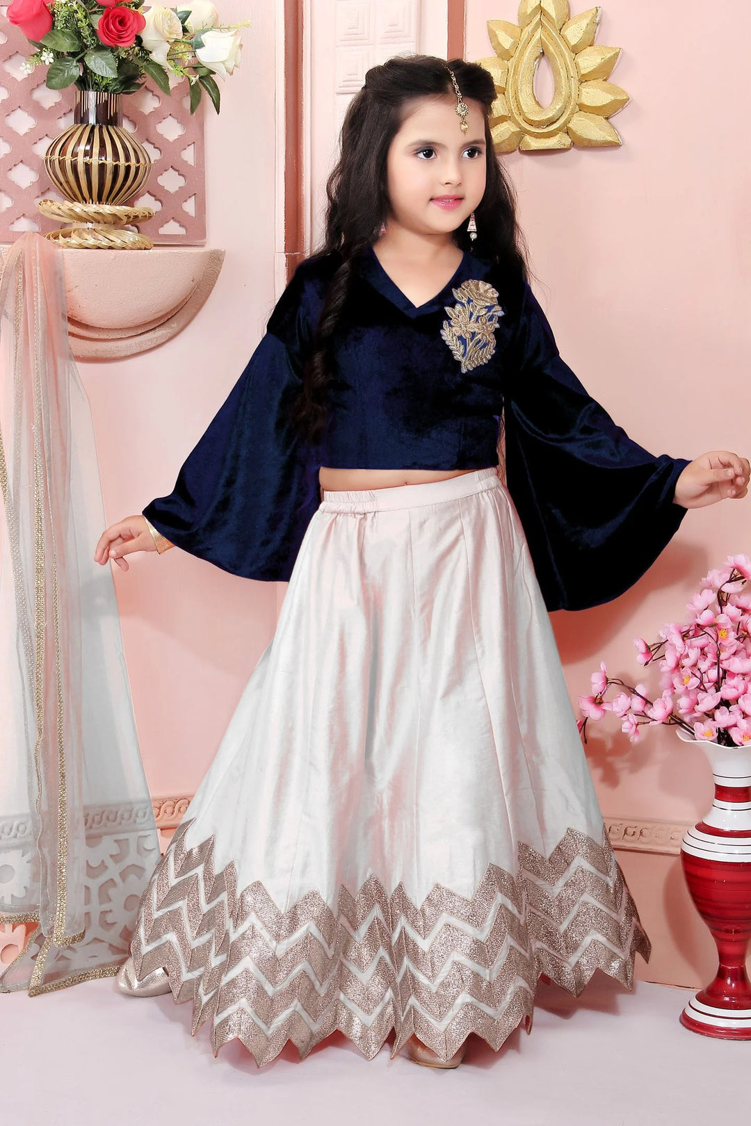 Navy Blue Embroidered Cotton A Line Lehenga Choli Dupatta