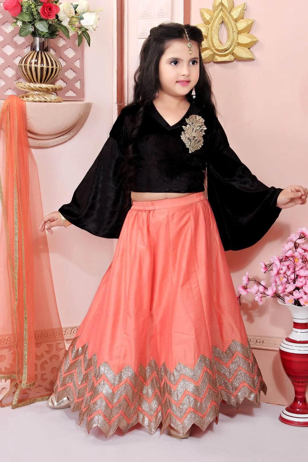 Black Embroidered Cotton A Line Lehenga Choli Dupatta