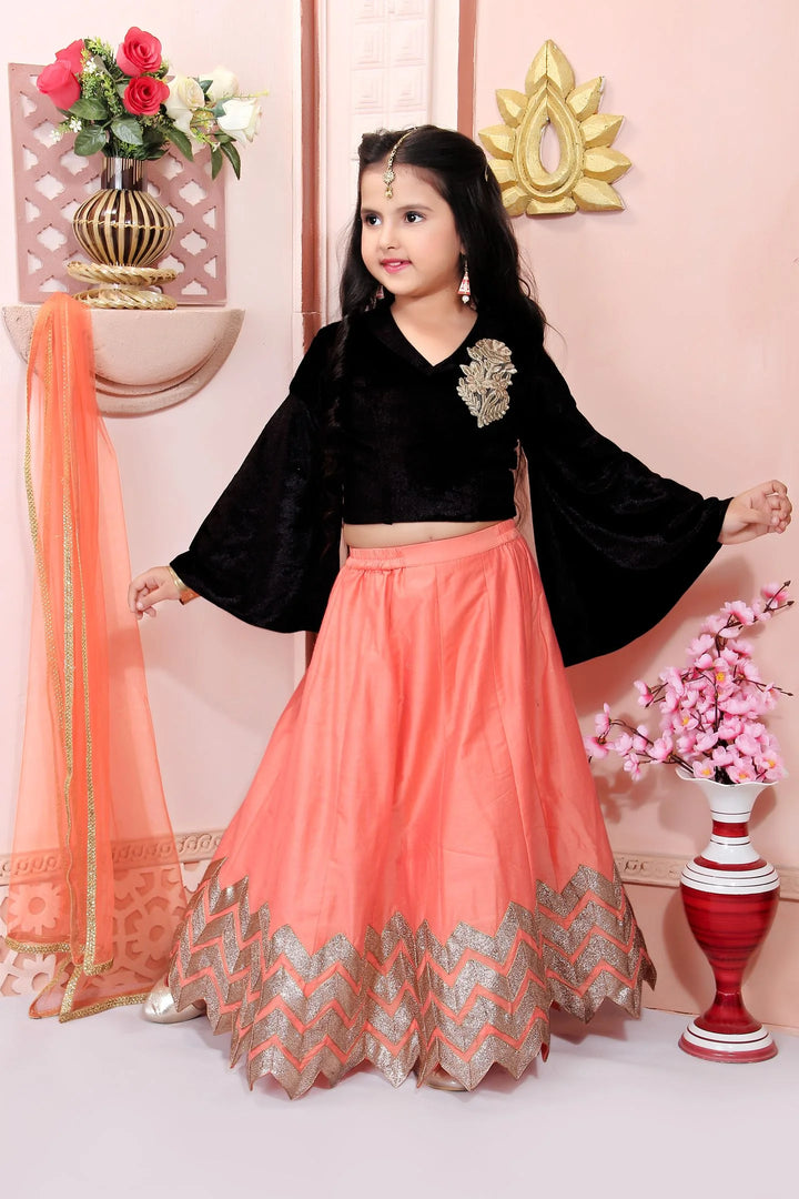Black Embroidered Cotton A Line Lehenga Choli Dupatta
