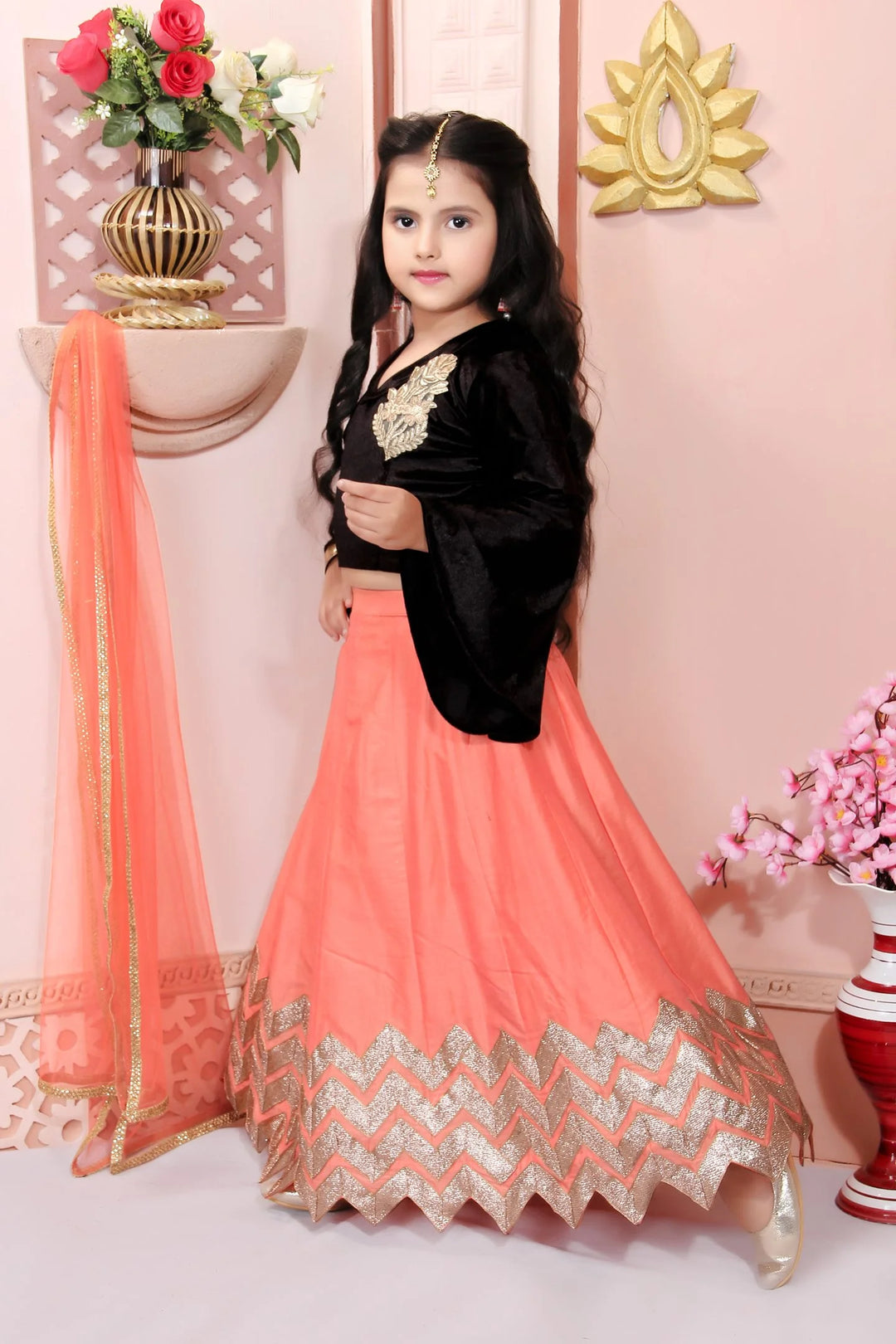 Black Embroidered Cotton A Line Lehenga Choli Dupatta
