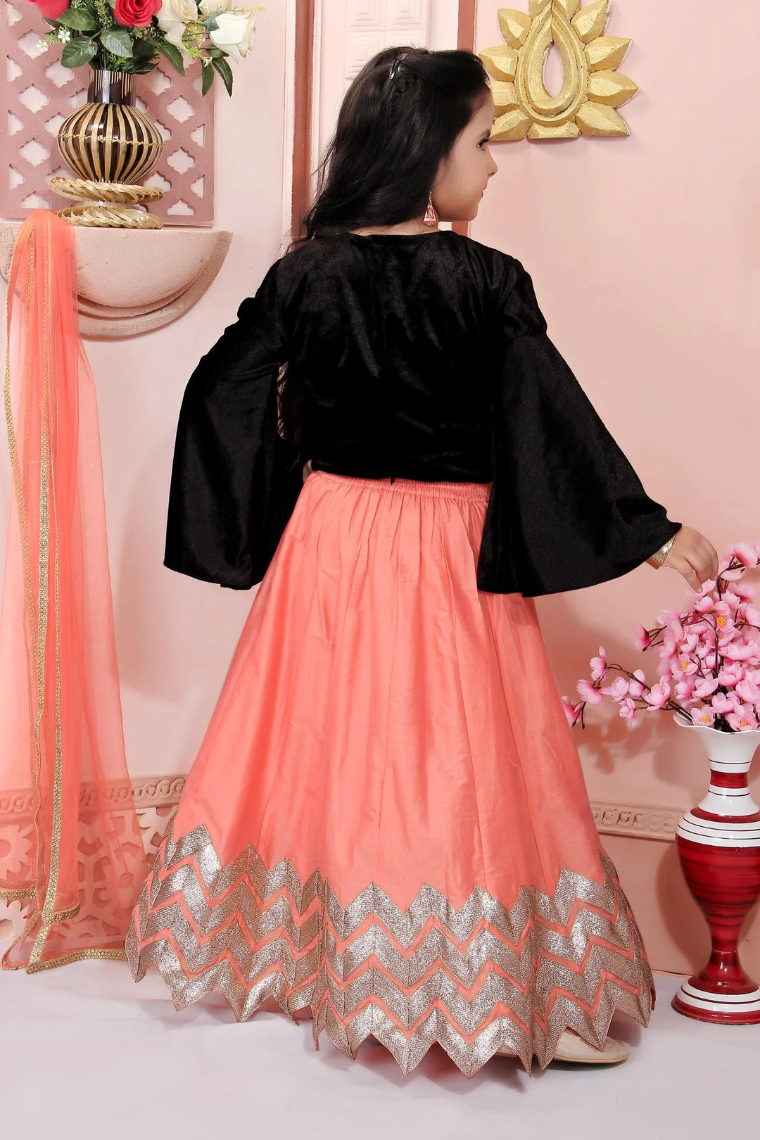 Black Embroidered Cotton A Line Lehenga Choli Dupatta
