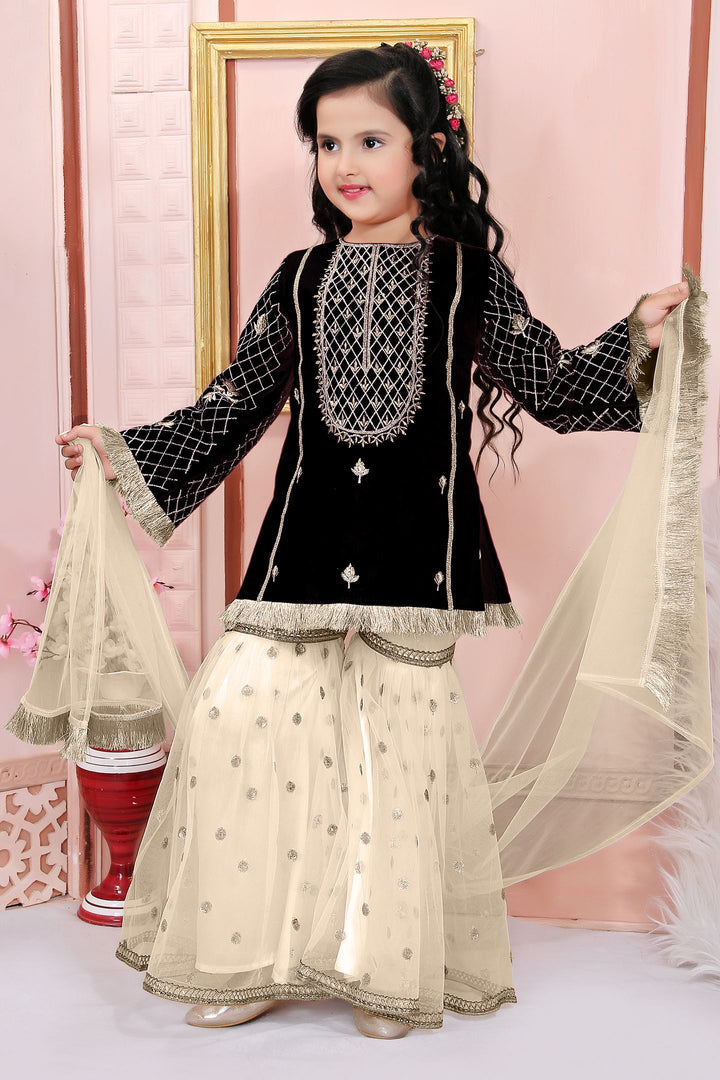 Black Embroidered Cotton Straight Kids Salwar Suit