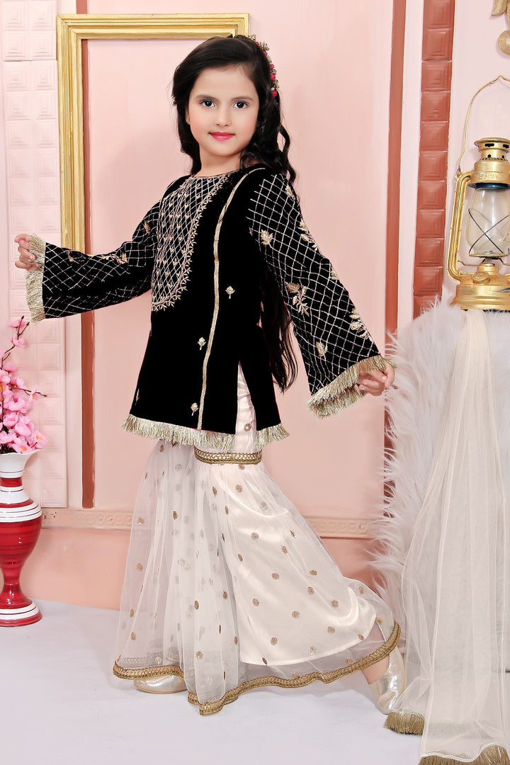 Black Embroidered Cotton Straight Kids Salwar Suit