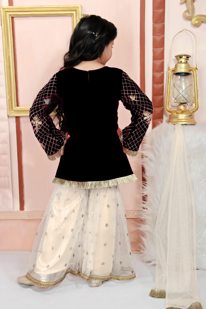 Black Embroidered Cotton Straight Kids Salwar Suit