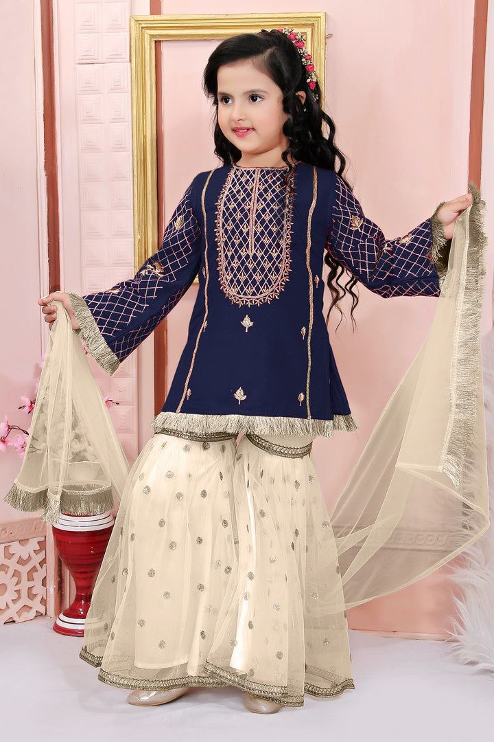 Navy Blue Embroidered Cotton Straight Kids Salwar Suit