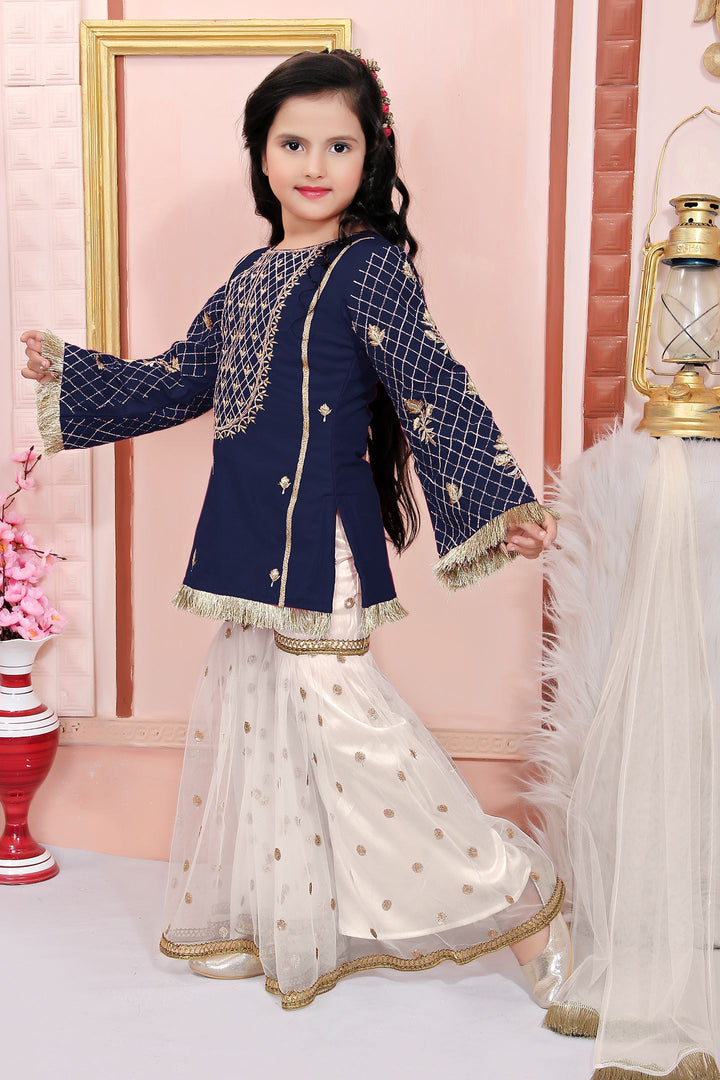 Navy Blue Embroidered Cotton Straight Kids Salwar Suit
