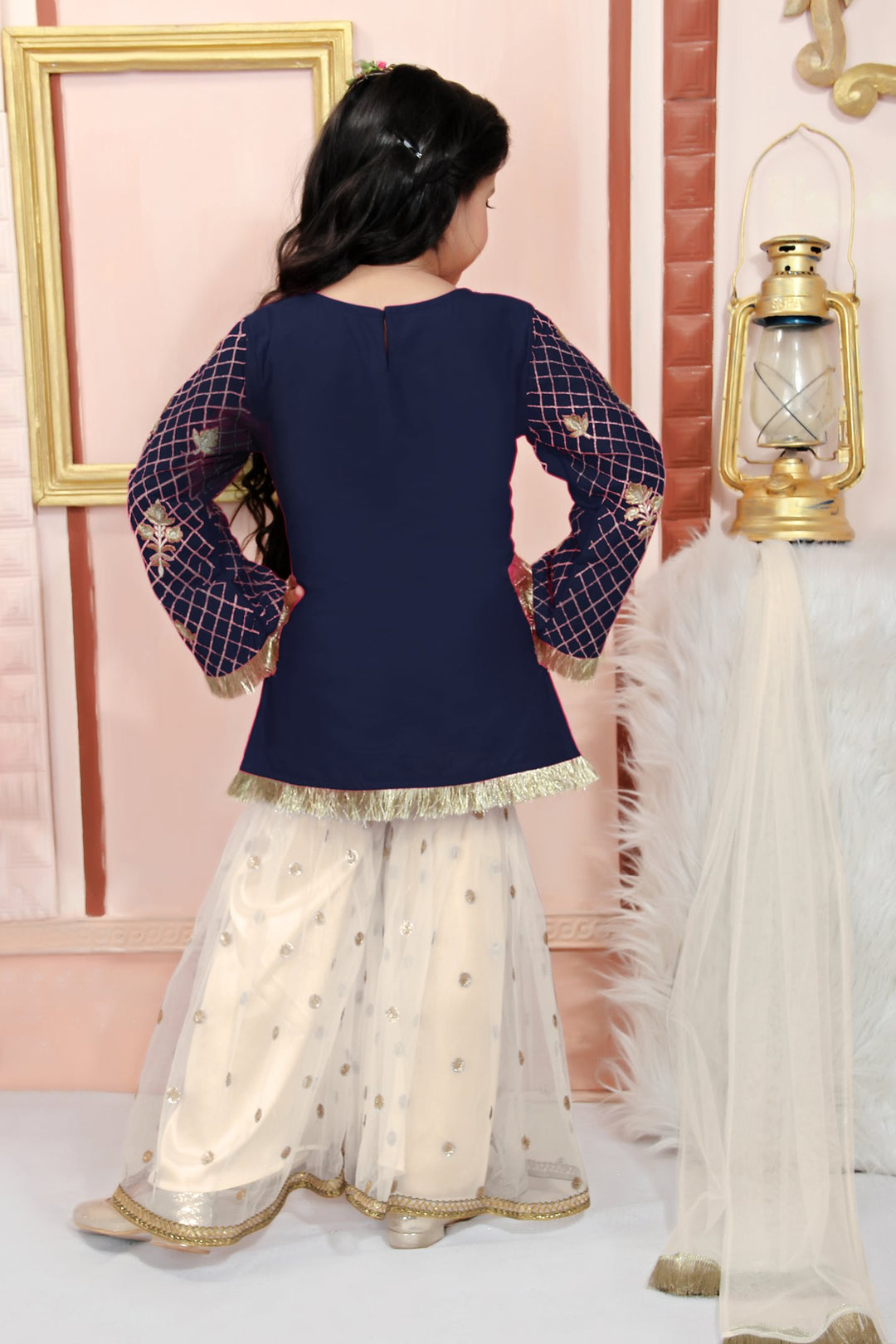 Navy Blue Embroidered Cotton Straight Kids Salwar Suit
