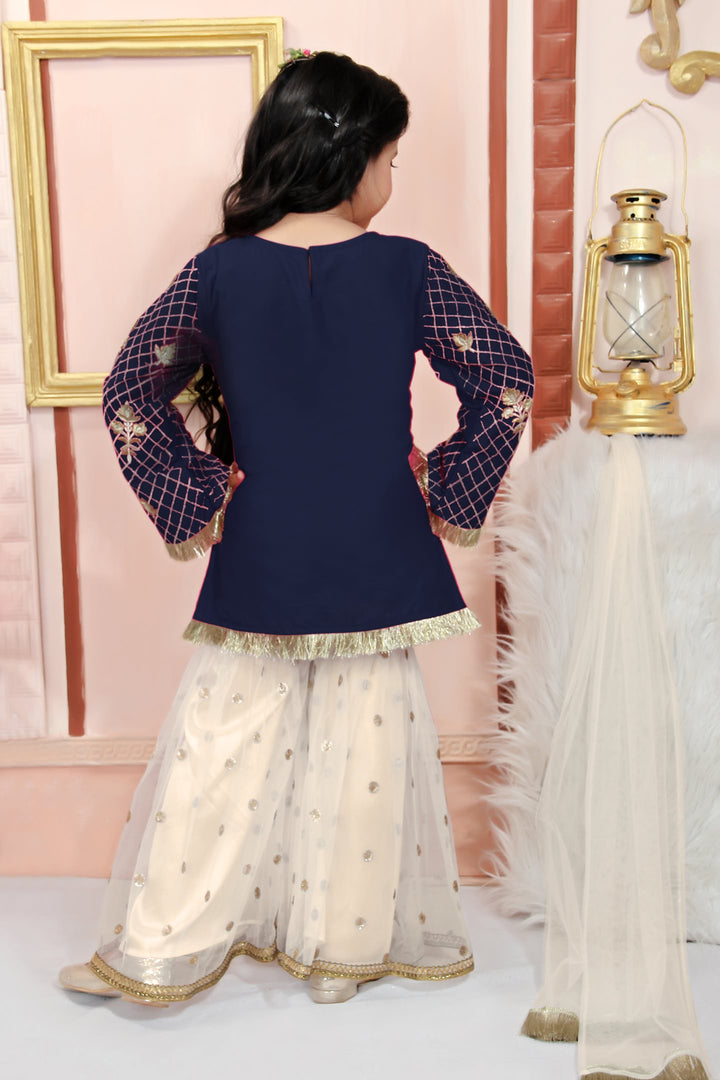 Navy Blue Embroidered Cotton Straight Kids Salwar Suit