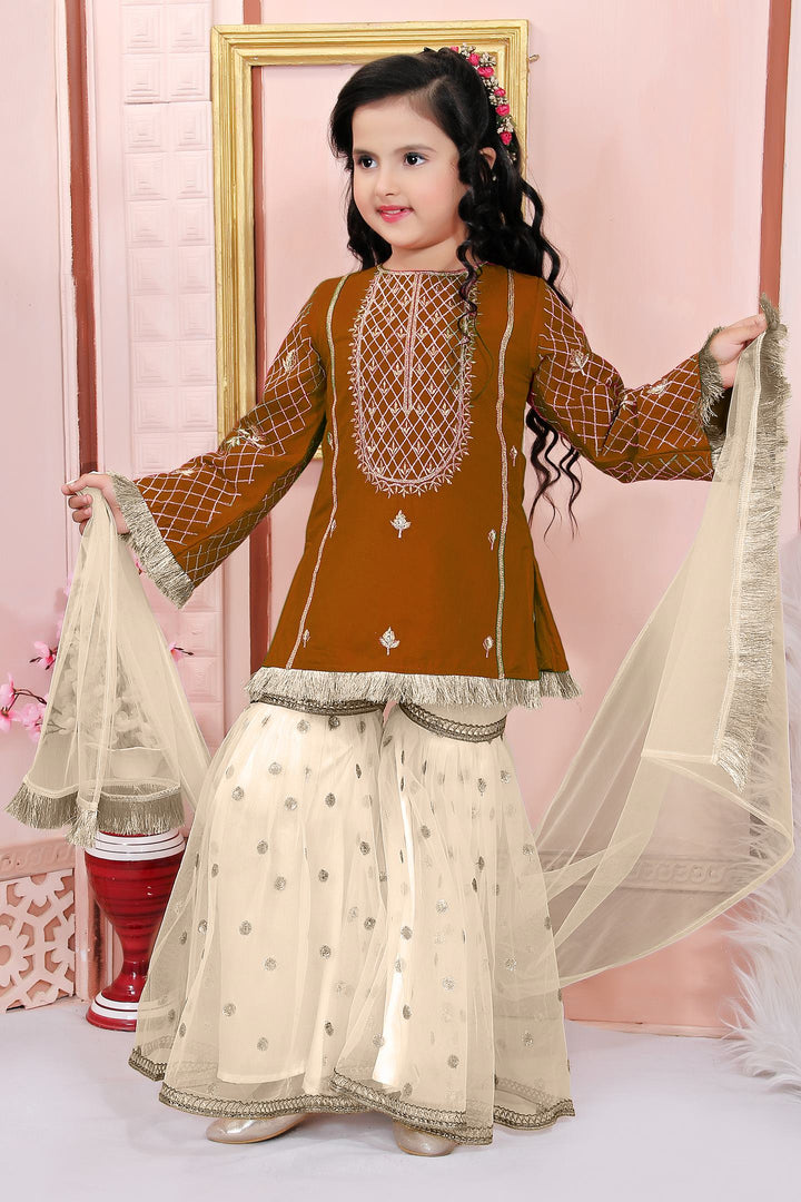 Brown Embroidered Cotton Straight Kids Salwar Suit