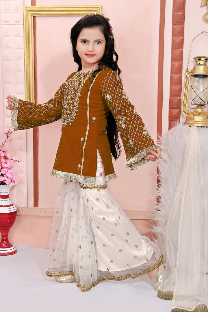Brown Embroidered Cotton Straight Kids Salwar Suit