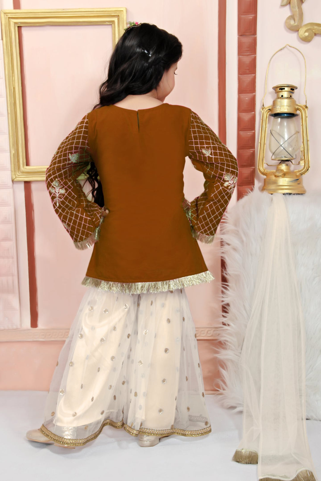 Brown Embroidered Cotton Straight Kids Salwar Suit